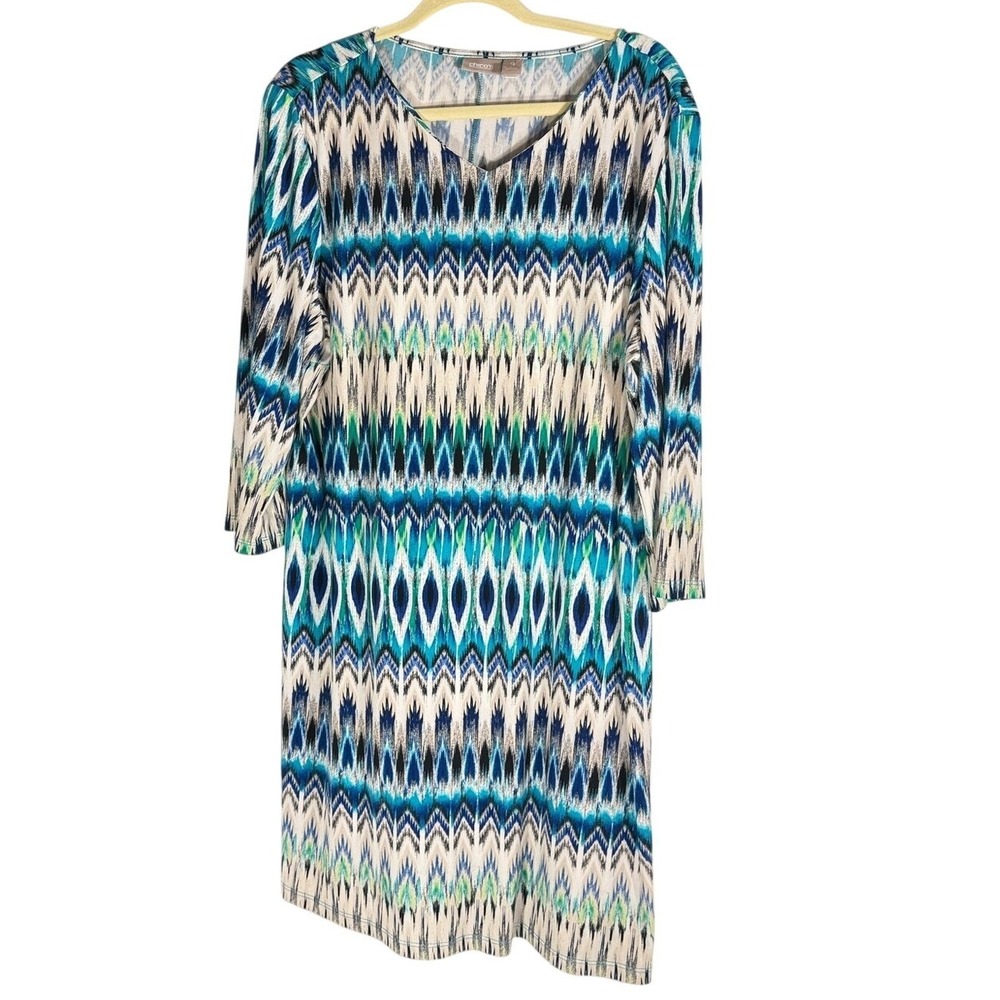 Chicos Multi-Blue Printed Sheath Dress - Women XL 3/4 sleeve - Picture 2 of 8